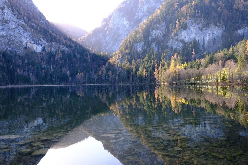 mountains, lake, trees, forest, reflection, water reflection, autumn, bergsee, nature, landscape
